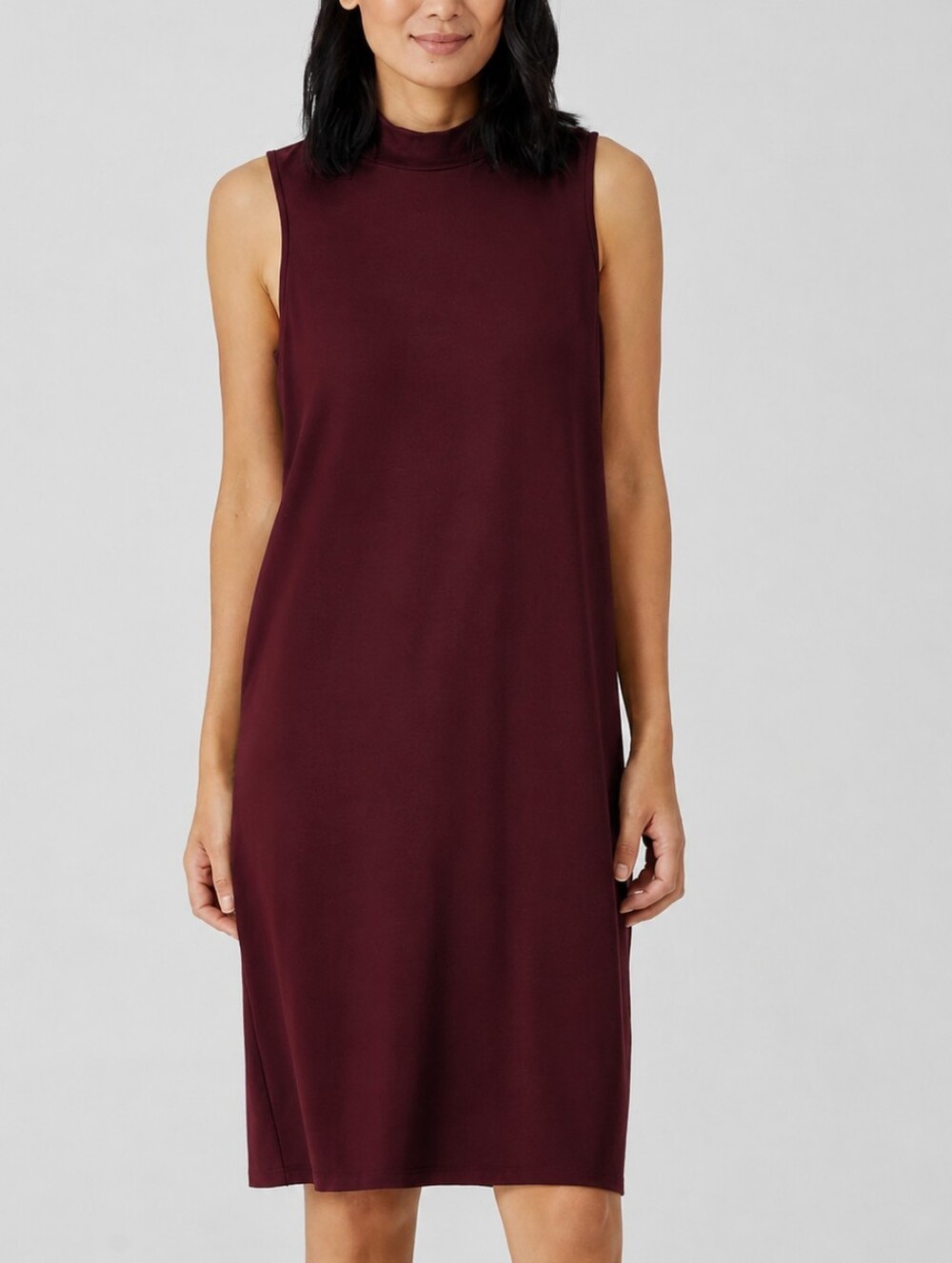 Eileen Fisher Mock Neck Sleeveless Jersey Tank Dress in Burgundy